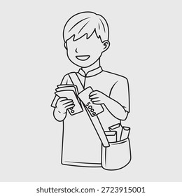 Niño feliz que recibe el dinero del regalo de Eid Ilustración de línea fina