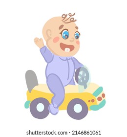 happy child rides a toy car. infant entertainment for a one year old baby. games with a child up to a year. vector illustration.