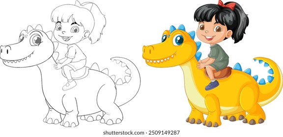 Happy child riding a colorful dinosaur