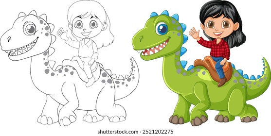 Happy child riding a green dinosaur
