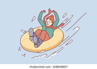 Happy child riding on inflatable ring from winter mountain. Smiling kid have fun enjoy holiday activities outdoors. Vector illustration. 