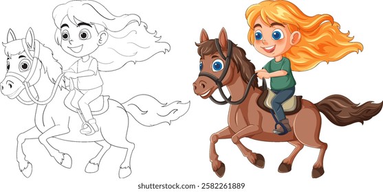 A happy child riding a playful pony
