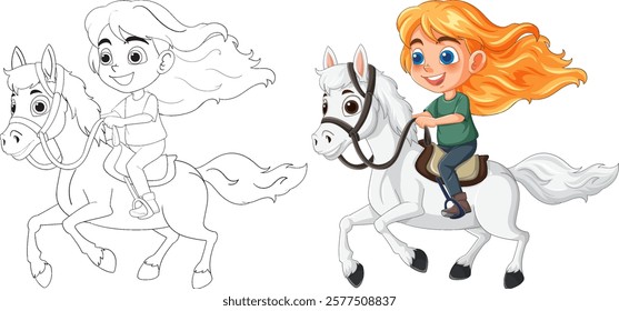 A happy child riding a playful white horse