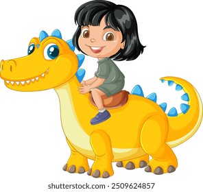 Happy child riding a yellow dinosaur