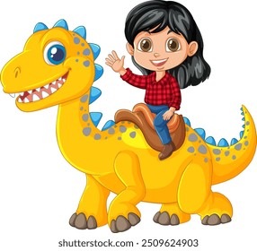 Happy child riding a yellow dinosaur