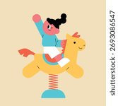 Happy Child Riding a Yellow Spring Horse in a Playground. A cute kindergartener. A child winking as he greets you.