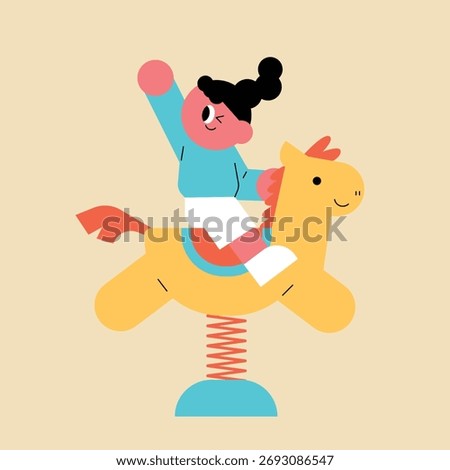 Happy Child Riding a Yellow Spring Horse in a Playground. A cute kindergartener. A child winking as he greets you.