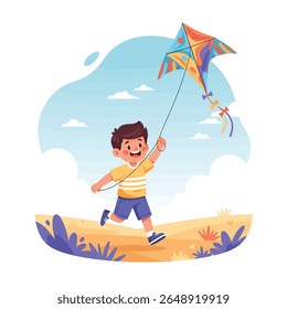 Happy child running with a colorful kite in a sunny landscape.