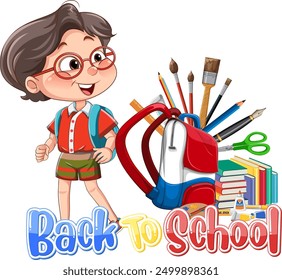 Happy child with school supplies and books