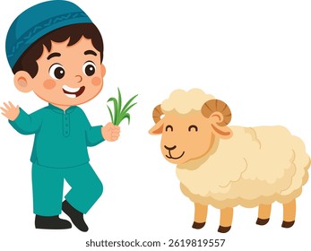 Criança feliz com ovelhas comemorar Ilustração de Eid Al Adha