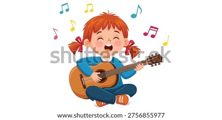 Happy child singing and playing acoustic guitar with musical notes joyful cartoon