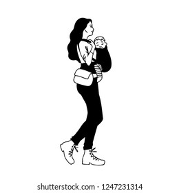 Happy child sits in a ergonomic baby carrier. Vector illustration of young woman taking a walk with her baby. Concept. Happy parenting, mother and her baby use baby carrier.