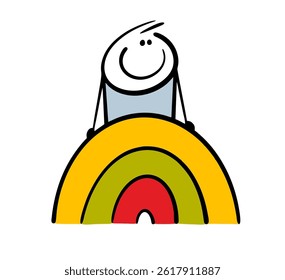 Happy child sits on a rainbow. Vector illustration of a stickman peeking out at the sky. Cartoon character isolated on white background.