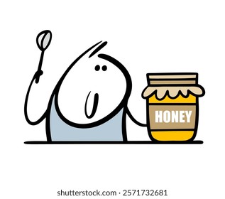 Happy child sits at the table with a spoon and opens a jar of honey. Vector illustration of a sweet healthy dessert from bees. Funny hungry character on white background.