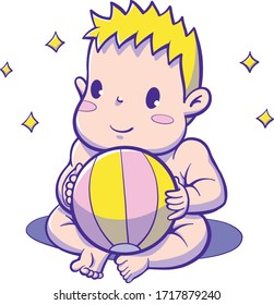 A happy child is sitting with the ball on the floor.