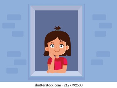 
Happy Child Sitting by the Window Vector Cartoon Illustration. Cute little toddler waiting, thinking, and feeling hopeful 
