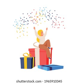 Happy child sitting on big present box with confetti on white background flat vector illustration