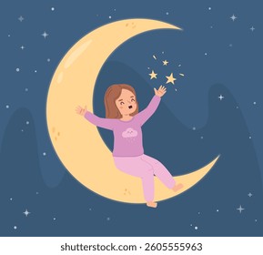 Happy child sitting on crescent in night sky. Girl dreaming with moon and stars. Cartoon toddler wear pajama, sleep time for baby, vector illustration