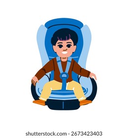 Niño feliz sentado de forma segura en un asiento de coche azul, usando un cinturón de seguridad y disfrutando del viaje, destacando la importancia de la seguridad y la responsabilidad durante las aventuras de viaje en familia