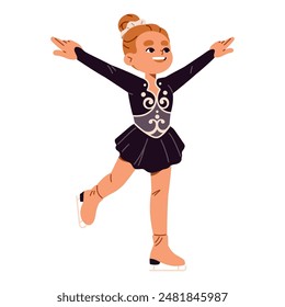 Niño feliz en traje de patinador va patinaje artístico. Lindo chico hace deporte profesional. Adorable entrenamiento de bailarina de niña pequeña, baila en pista de hielo. Ilustración vectorial aislada plana sobre fondo blanco