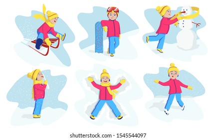 Happy child sledding, snowboarding, skating, making a snowman, snow angel, standing with an icicle. Set bright colorful winter fun for kids. Happy childhood, children's joy.Cartoon vector illustration