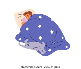 Happy child sleeping, lying under blanket. Cute kid relaxing, dreaming with bear toy and cat pet. Boy asleep on soft comfortable pillow, duvet. Flat vector illustration isolated on white background