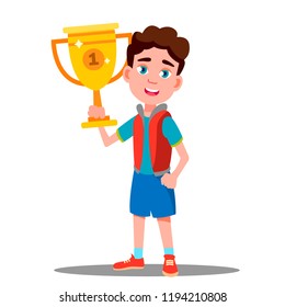 Happy Child With Sport Cup In Hand Vector. Competition. Isolated Illustration