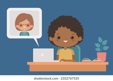 Happy child studying online. Dark skin kid learning online sitting at the desk. Homeschooling concept. Conceptual art. Vector cartoon flat illustration.
