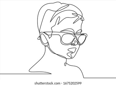 Happy child in sunglasses on beach. Summer vacation concept.continuous line drawing