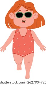 A happy child with sunglasses and a swimsuit walks confidently in a playful cartoon style. The kid's joyful expression and attire convey a sense of summer fun. Cartoon vector illustration.