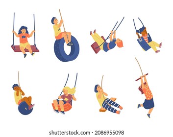 Happy child swing. Set of vector flat illustrations of children's characters isolated on white background. Outdoor games.