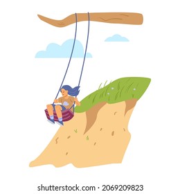 Happy child swinging on rope swings on tree branch, flat vector illustration isolated on white background. Kid plays on the playground and has fun outdoors at summer.