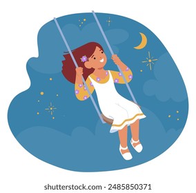 Happy Child Swinging Under A Starry Night Sky. The Image Captures A Joyful, Carefree Moment With A Young Girl Character Wearing A White Dress And Flower In Her Hair. Cartoon People Vector Illustration