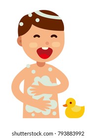 Happy child taking a bath flat vector illustration