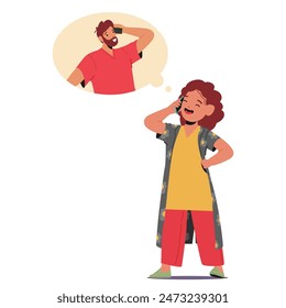 Happy Child Talking On The Phone While Imagining A Conversation With Father Or Adult Friend. Child Character Has A Joyful Expression, Cartoon Vector Illustration Captures Playful Communication