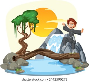 Happy child traversing a log bridge over water