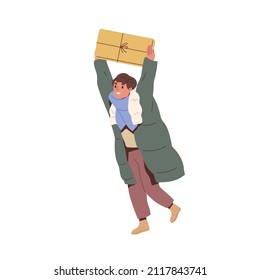 Happy child walking with gift outdoors. Kid holding Christmas present and rejoicing. Smiling boy carrying winter holiday box in hands over head. Flat vector illustration isolated on white background