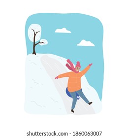 Happy child in warm clothing sliding down snowy hill and having fun