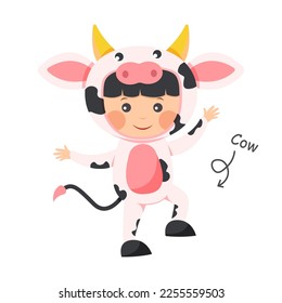 Happy child is wearing Cow animal costumes . Vector .