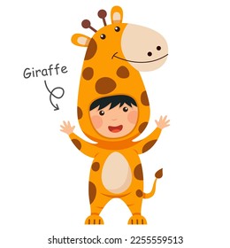 Happy child is wearing Giraffe animal costumes . Vector .