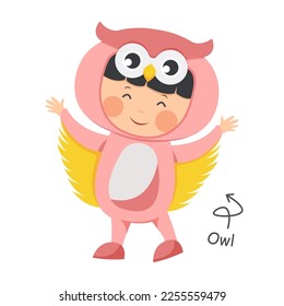 Happy child is wearing Owl animal costumes . Vector .