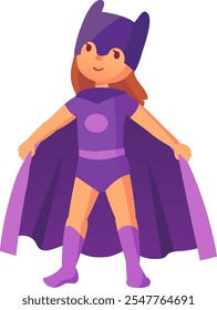 Happy child wearing a purple superhero costume with cape and mask is standing with open arms, showing confidence and readiness for heroic adventures