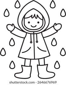 A happy child wearing a raincoat and boots stands with arms outstretched in the rain. This simple line drawing is isolated on a white background, perfect for children's activities.