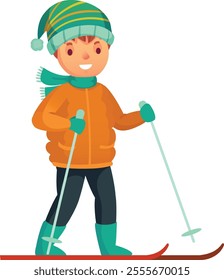 Happy child wearing warm winter clothes, including an orange jacket, a scarf, and a striped hat, is skiing using ski poles and enjoying winter sports