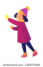 Happy child wearing winter clothes having fun outdoors vector illustration. Winter fun and wintertime, playing snowballs, winter outdoor activity and holidays concept. Isolated on white background.