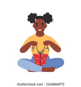 Happy child wrapping a gift. Girl prepare gift for family and friends. Flat vector illustration.