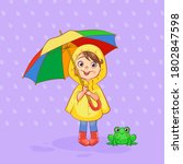 Happy child in a yellow raincoat with a green frog under a rainbow umbrella during rain. Vector positive art.