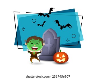 Happy child in zombie costume. Pumpkin lantern, tombstone, flying bats on background. Invitation or banner design. Halloween concept. Vector illustration for poster or leaflet