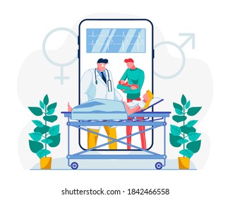 Happy Childbirth Moment Flat Vector Illustration. Young Father Holding Newborn Baby Cartoon Character. Doctor Examining Woman in Postpartum. Postnatal Period Telehealth Consultation Opportunity