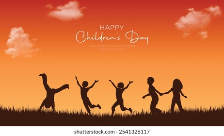 Happy Childern's Day Banner and Greeting Card. Modern and Minimal Childern's Day Background with Text and kids playing Vector Illustration.